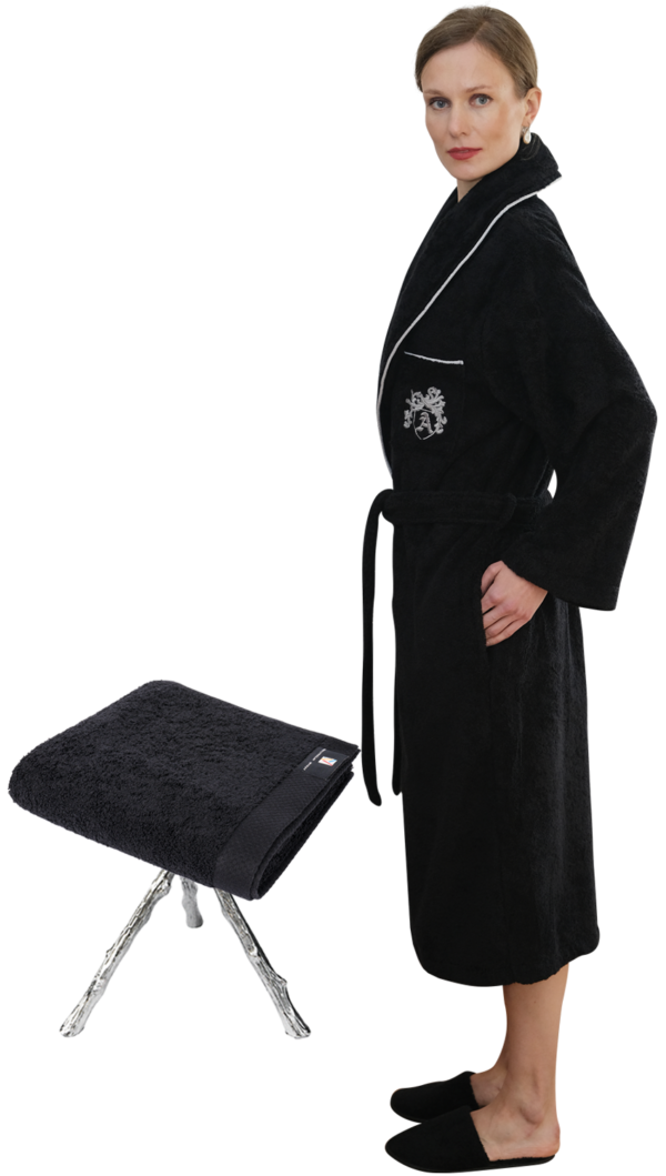 Armanetti Medallion Piped Black-Silver Cotton Bathrobe Slippers & Hand Towel Set - XXL