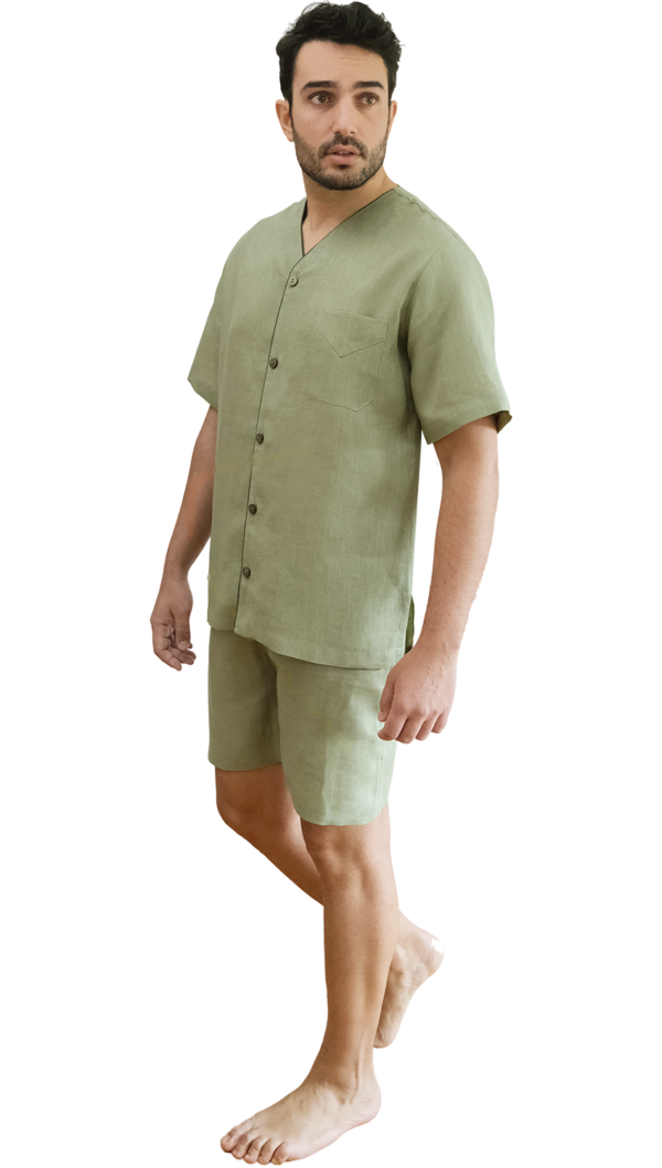Dante's Pure Linen Short Sleeve V-Neck Pajama Set, 2 Piece in Sage - M