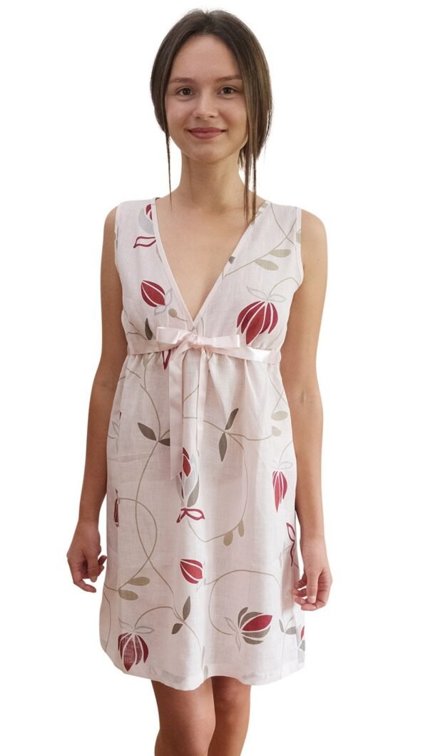 Chemise with Bow Bodice, Linen in Pearl Rose-Floral