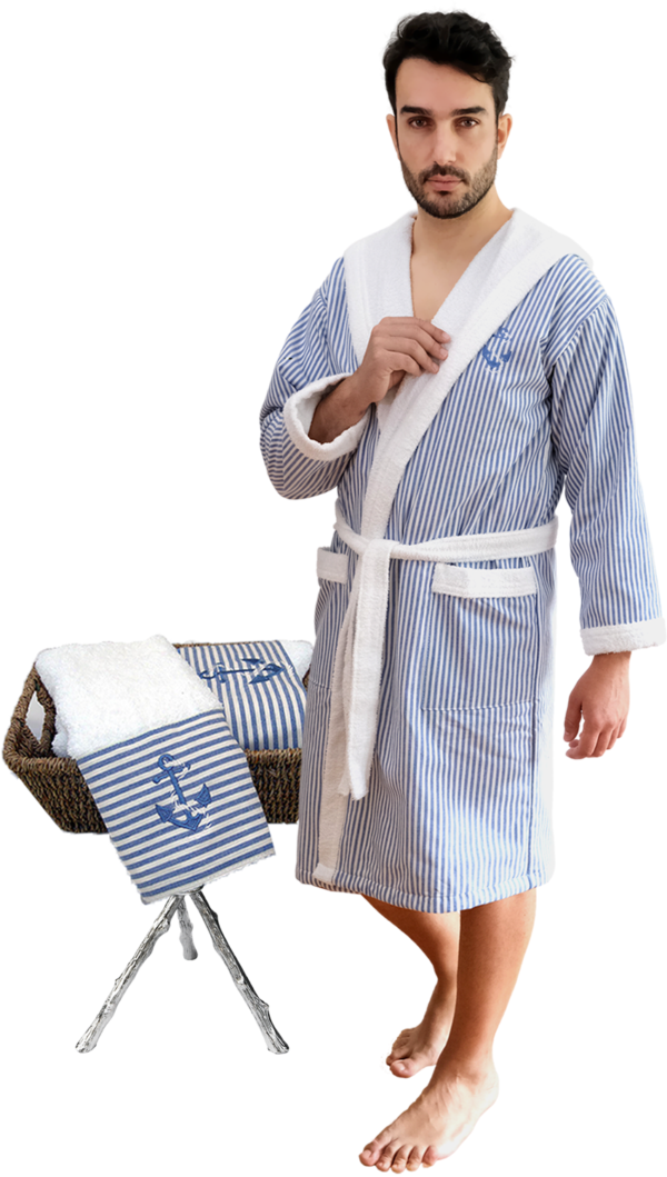 Men's Nautical Theme Hooded Cotton bathrobe and hand towel set In Blue-White - L