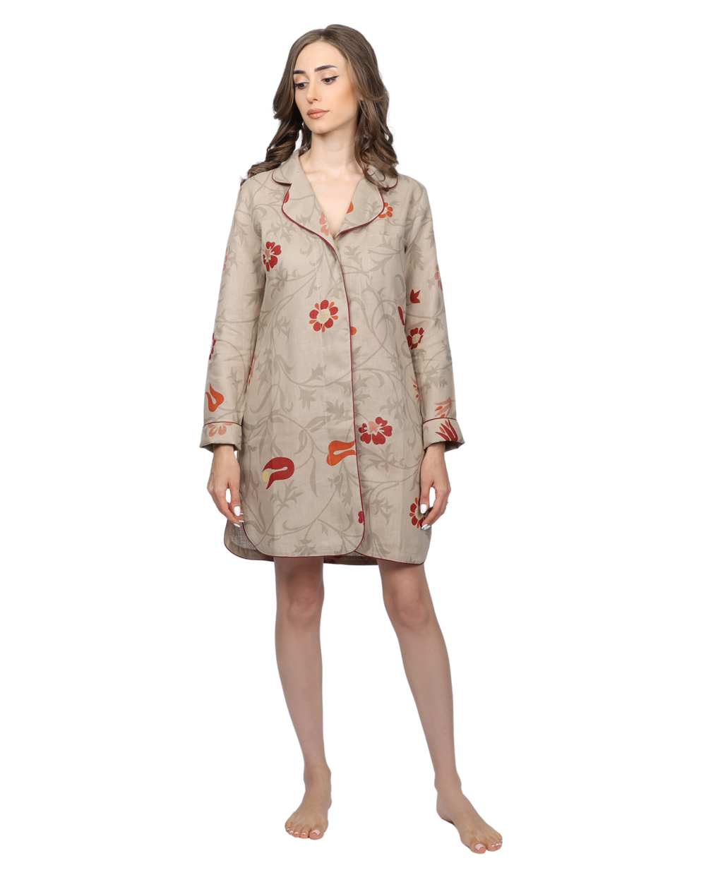 Long sleeve linen Sleepshirt Floral Pattern, Catherin Collection - Image 2